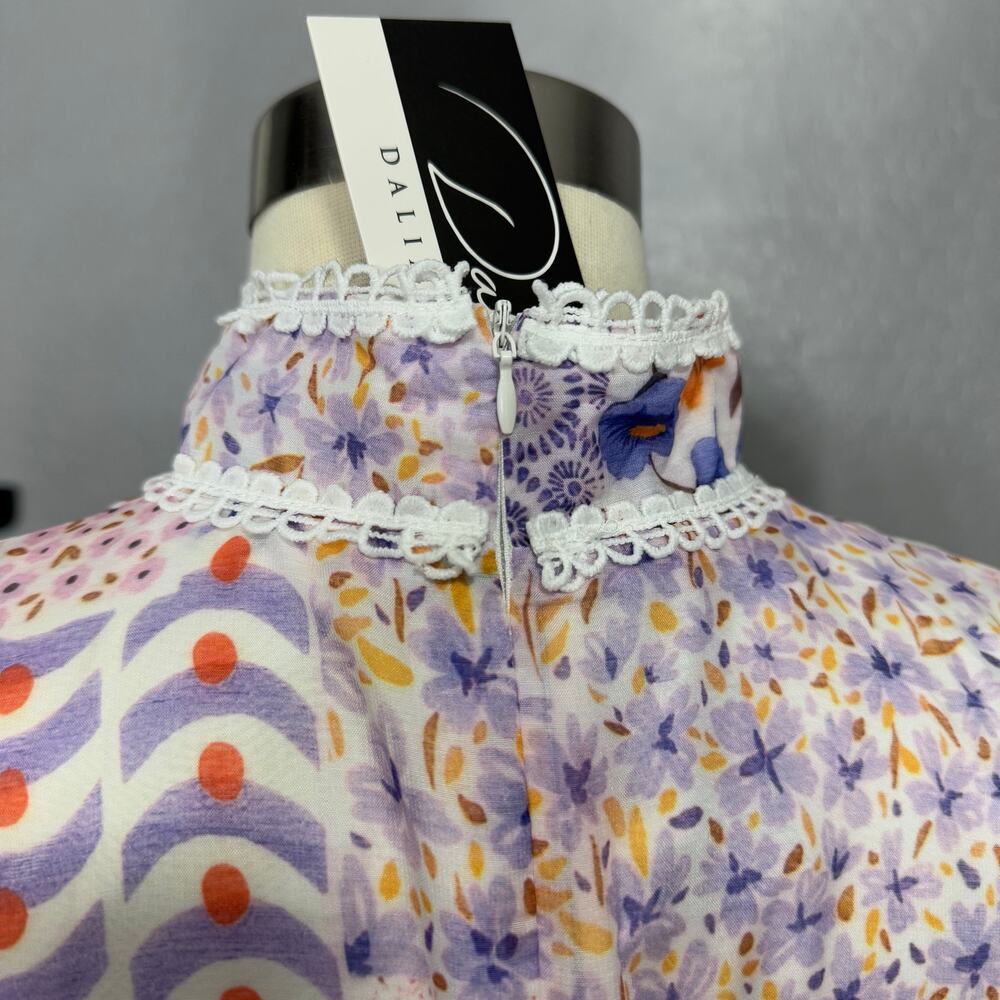 Dalia Macphee Long Sleeve Floral Eyelet Lace Trim Midi Dress, Purple Multi, L - Picture 3 of 5